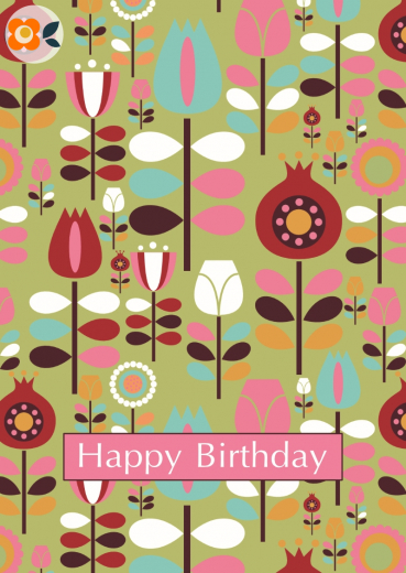 Postkarte Happy Birthday, Garten der Siebziger