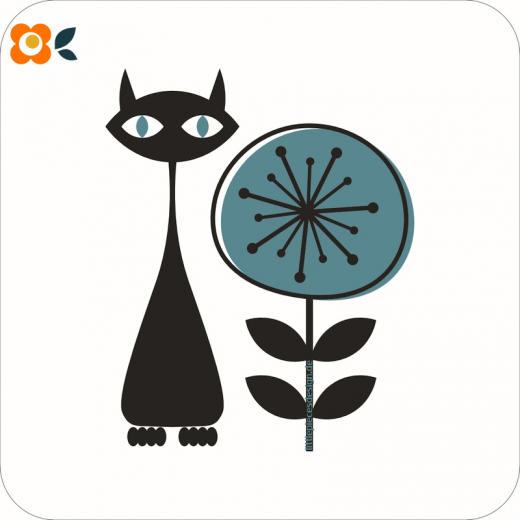Glasuntersetzer Retro-Blumenkatze blau