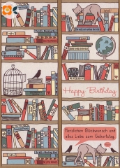 Postkarte Happy Birthday, Bücherregal