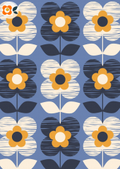 Postkarte Retroblumen blau/weiß
