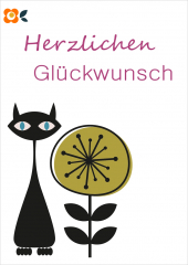 Postkarte Herzlichen Glückwunsch, Blumenkatze
